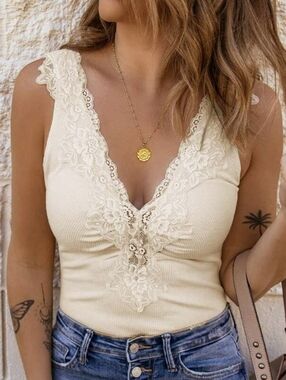 SHEIN Cream Lace-Trim Ribbed V-Neck Bodysuit Cami Top NWOT